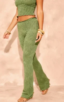 Hot PrettyLittleThing Petite Textured Straight Leg Pants Khaki