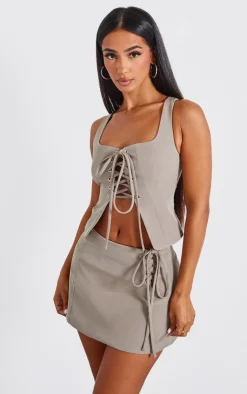 Online PrettyLittleThing Petite Woven Lace Up Mini Skirt Khaki