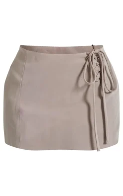 Online PrettyLittleThing Petite Woven Lace Up Mini Skirt Khaki