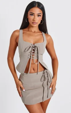 Outlet PrettyLittleThing Petite Woven Lace Up Corset Khaki