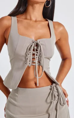 Outlet PrettyLittleThing Petite Woven Lace Up Corset Khaki