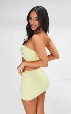 Sale PrettyLittleThing Petite Knitted Flower Bandeau Crop Top Lemon