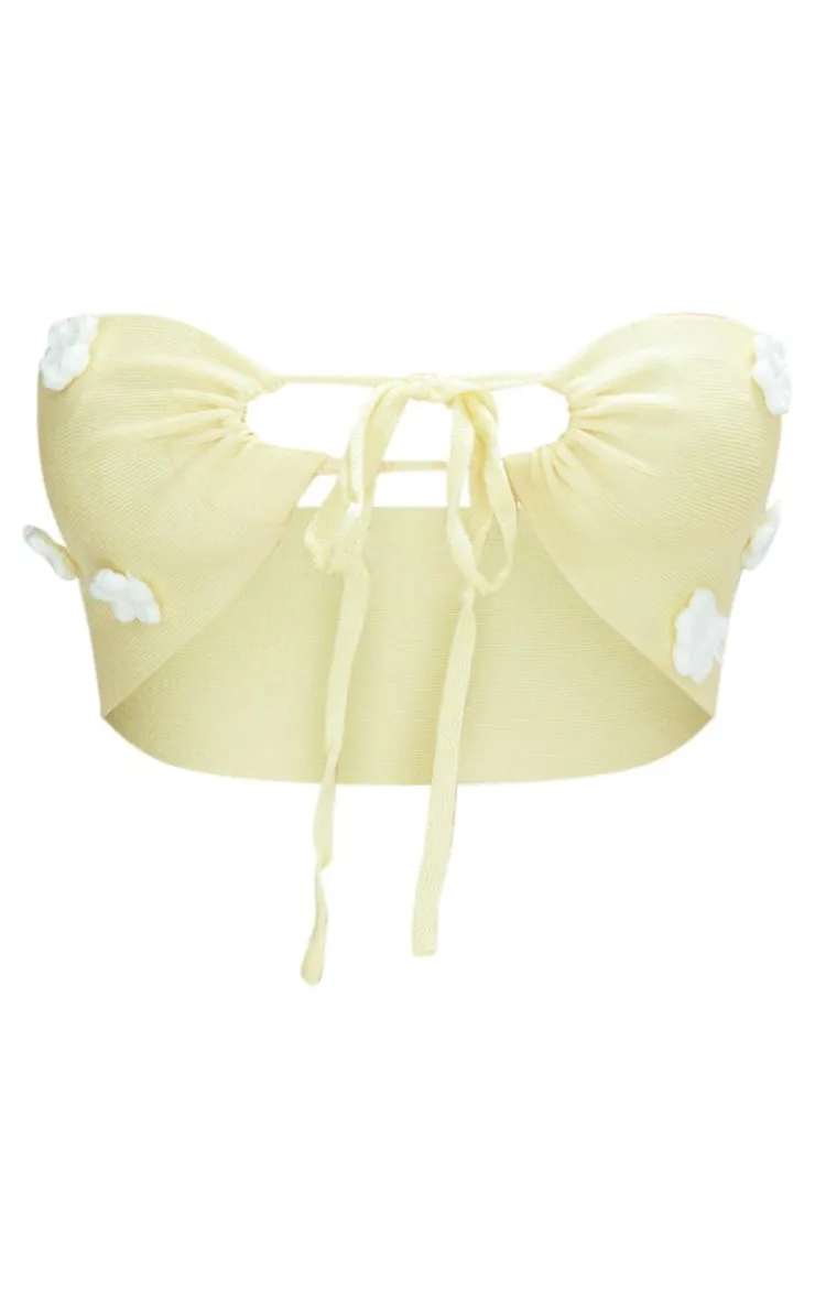 Sale PrettyLittleThing Petite Knitted Flower Bandeau Crop Top Lemon