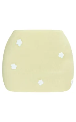 PrettyLittleThing Petite Knitted Micro Mini Skirt With Flower Details Lemon