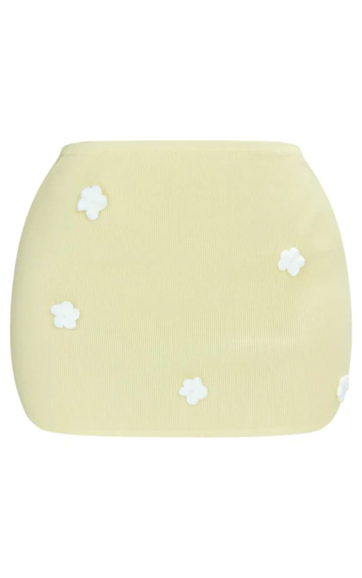 PrettyLittleThing Petite Knitted Micro Mini Skirt With Flower Details Lemon
