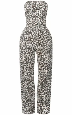 Petite Leopard Print Bandeau Denim Jumpsuit