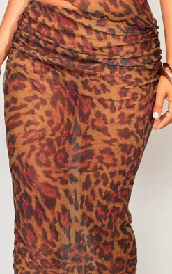 Discount PrettyLittleThing Petite Print Crushed Mesh Low Waist Maxi Skirt Leopard