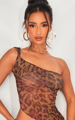 New PrettyLittleThing Petite Print Crushed Mesh One Shoulder Top Leopard
