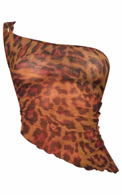 New PrettyLittleThing Petite Print Crushed Mesh One Shoulder Top Leopard