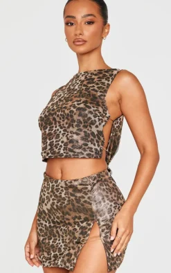 Hot PrettyLittleThing Petite Print Mesh Trim Detail Mini Skirt Leopard