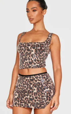 Outlet PrettyLittleThing Petite Print Sequin Mini Skirt Leopard