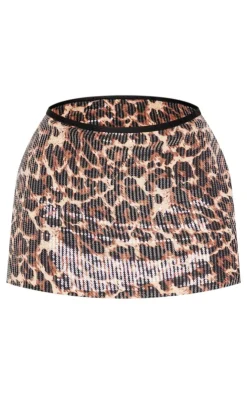 Outlet PrettyLittleThing Petite Print Sequin Mini Skirt Leopard