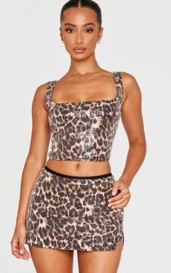 Online PrettyLittleThing Petite Print Square Neck Sequin Crop Top Leopard