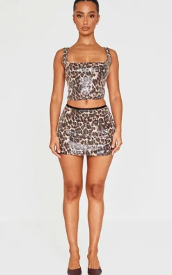 Online PrettyLittleThing Petite Print Square Neck Sequin Crop Top Leopard