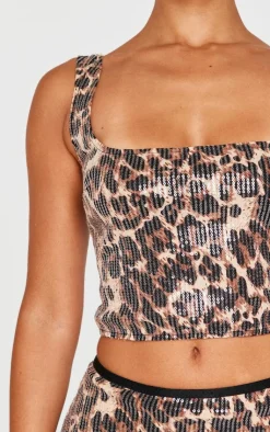 Online PrettyLittleThing Petite Print Square Neck Sequin Crop Top Leopard