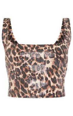 Online PrettyLittleThing Petite Print Square Neck Sequin Crop Top Leopard