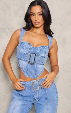 Clearance PrettyLittleThing Petite Denim Buckle Detail Corset Top Light Blue