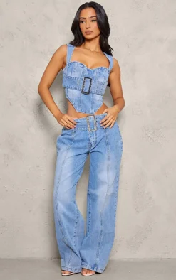 Clearance PrettyLittleThing Petite Denim Buckle Detail Corset Top Light Blue