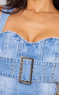 Clearance PrettyLittleThing Petite Denim Buckle Detail Corset Top Light Blue
