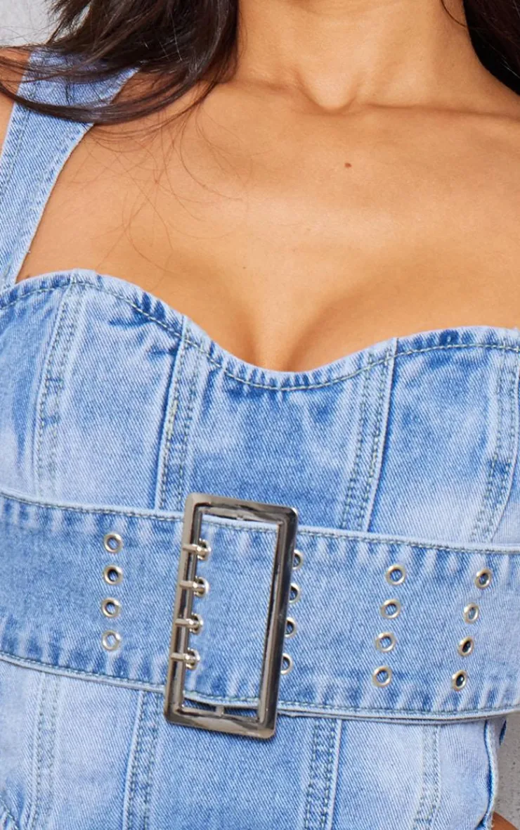 Clearance PrettyLittleThing Petite Denim Buckle Detail Corset Top Light Blue