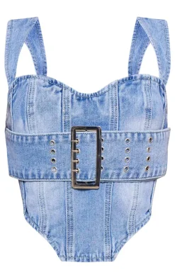 Clearance PrettyLittleThing Petite Denim Buckle Detail Corset Top Light Blue