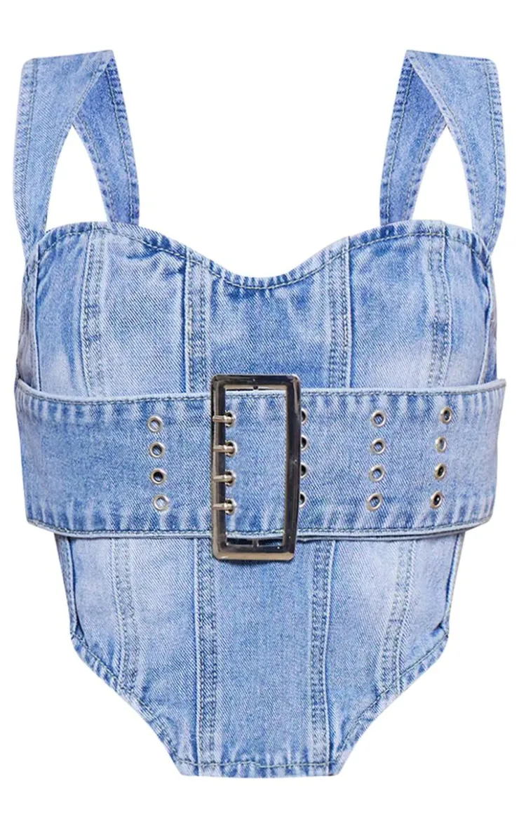 Clearance PrettyLittleThing Petite Denim Buckle Detail Corset Top Light Blue