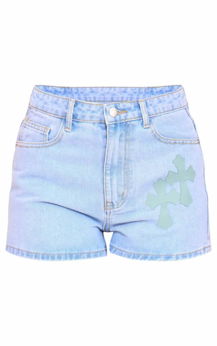 Petite Light Blue Denim Cross Applique Shorts