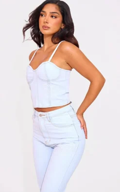 Sale PrettyLittleThing Petite Denim Embroidered Corset Light Blue