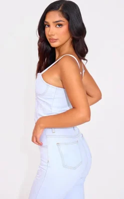 Sale PrettyLittleThing Petite Denim Embroidered Corset Light Blue