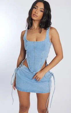 Best PrettyLittleThing Petite Denim Lace Up Corset Top Light Blue