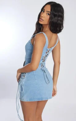 Best PrettyLittleThing Petite Denim Lace Up Corset Top Light Blue