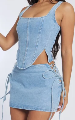 Online PrettyLittleThing Petite Denim Lace Up Mini Skirt Light Blue