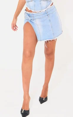 PrettyLittleThing Petite Denim Side Split Mini Skirt Light Blue
