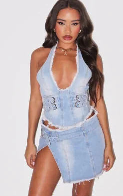 PrettyLittleThing Petite Denim Side Split Mini Skirt Light Blue