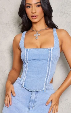 Outlet PrettyLittleThing Petite Embroidered Square Neck Corset Top Light Blue