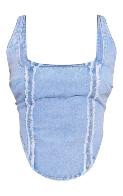 Outlet PrettyLittleThing Petite Embroidered Square Neck Corset Top Light Blue