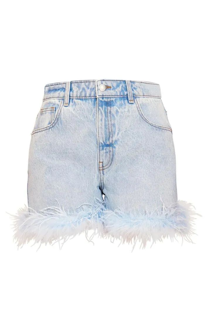 Petite Light Blue Feather Denim Shorts