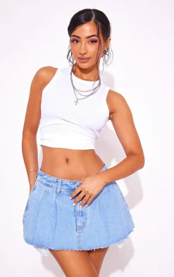 Petite Light Blue Mini Denim Pleated Skirt