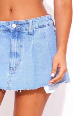 Petite Light Blue Mini Denim Pleated Skirt