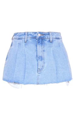 Petite Light Blue Mini Denim Pleated Skirt