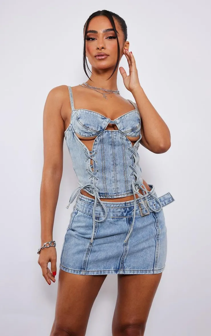 PrettyLittleThing Petite Denim Buckle Detail Mini Skirt Light Blue Wash