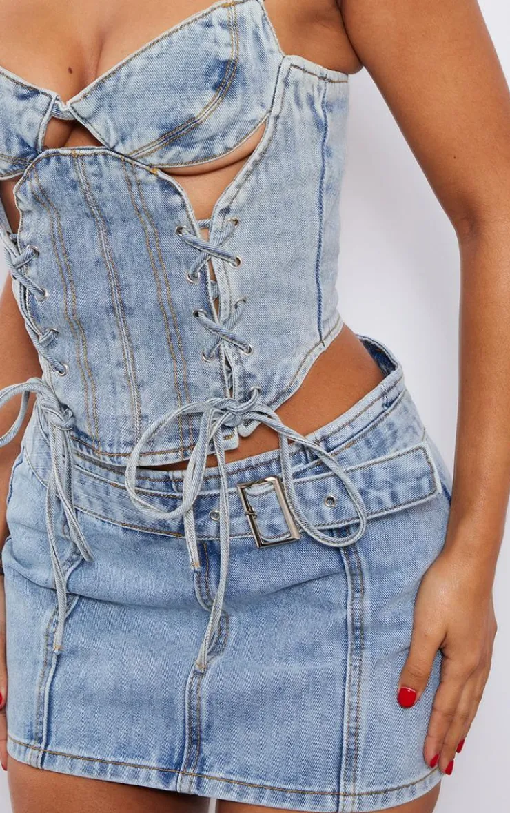 PrettyLittleThing Petite Denim Buckle Detail Mini Skirt Light Blue Wash