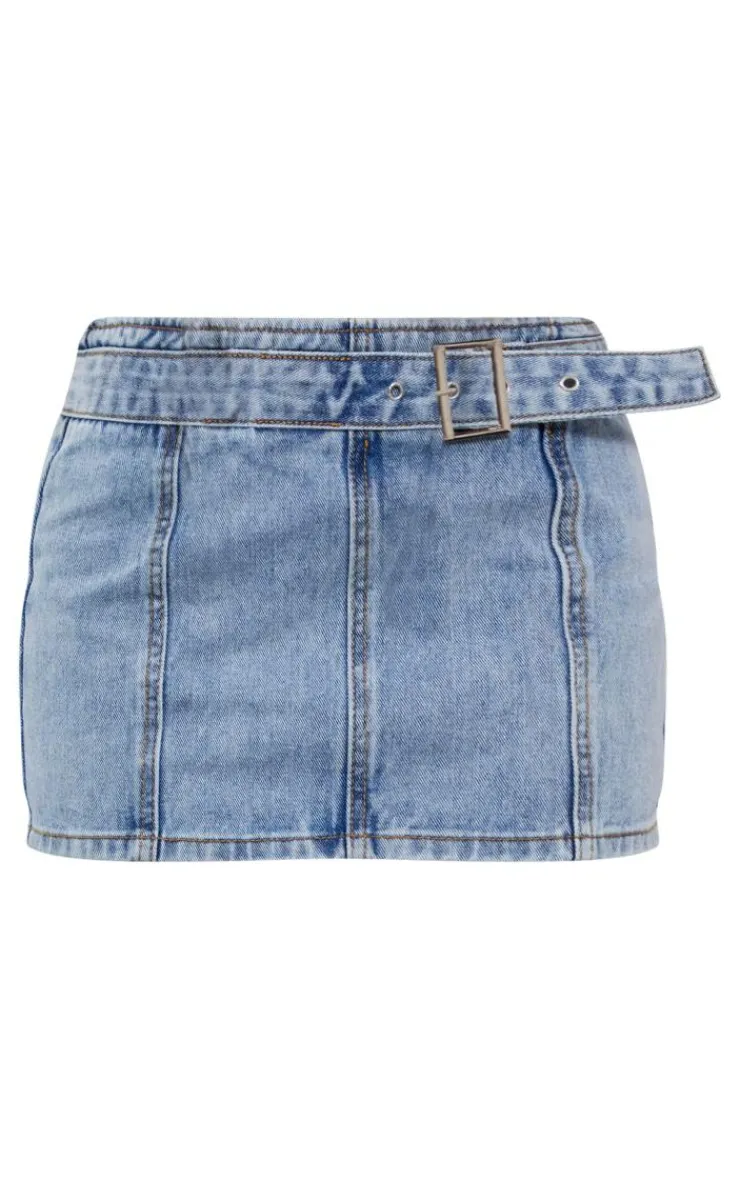 PrettyLittleThing Petite Denim Buckle Detail Mini Skirt Light Blue Wash