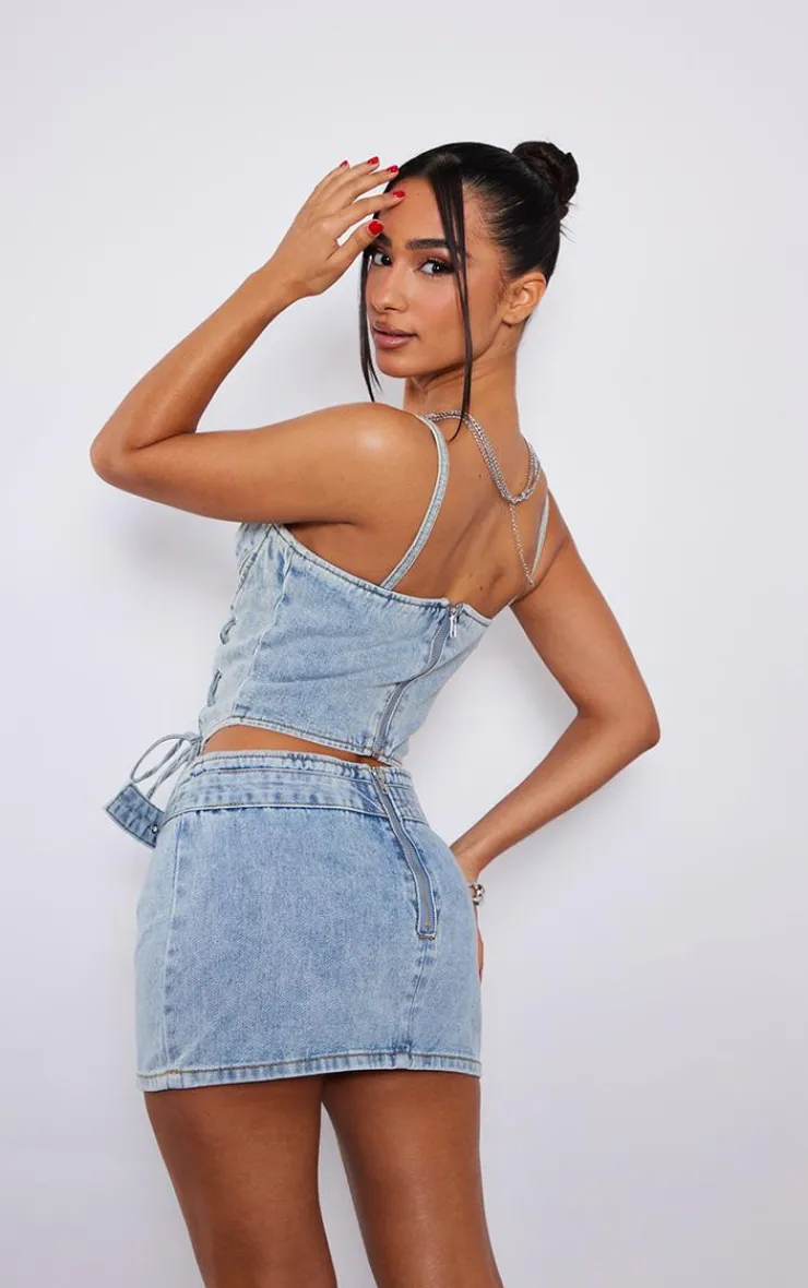 Best PrettyLittleThing Petite Denim Lace Up Corset Light Blue Wash