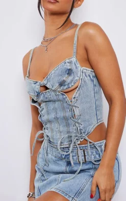 Best PrettyLittleThing Petite Denim Lace Up Corset Light Blue Wash