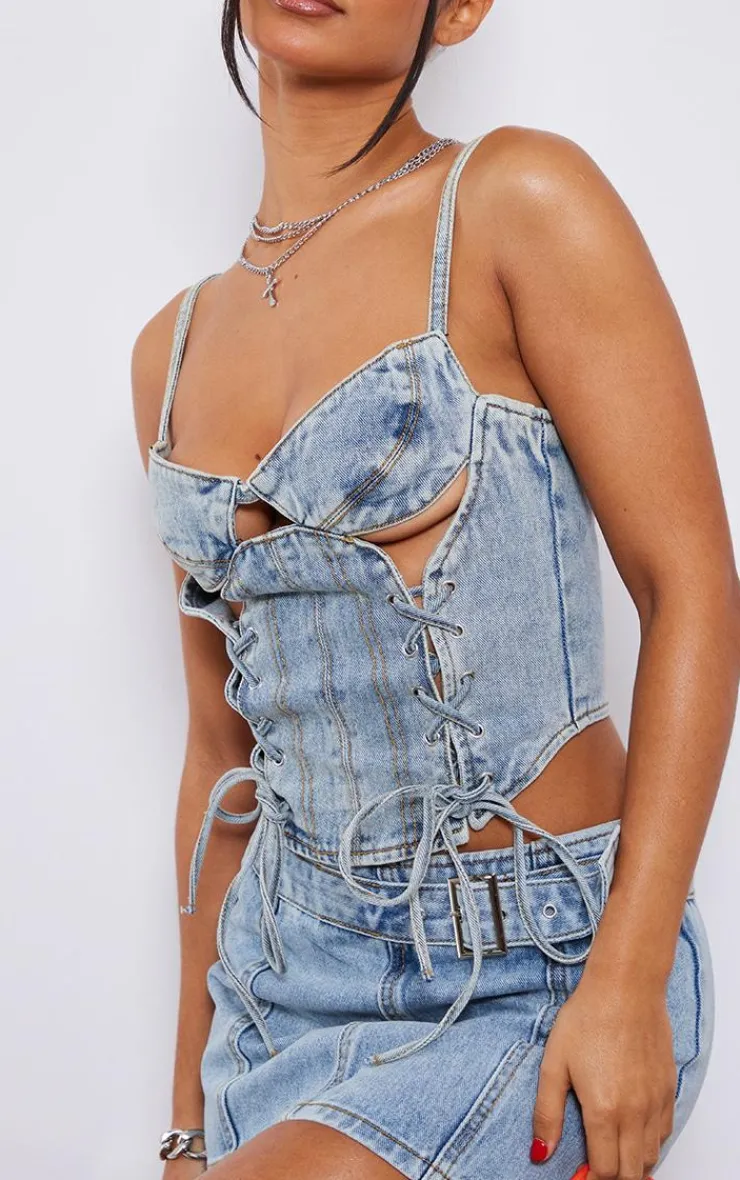 Best PrettyLittleThing Petite Denim Lace Up Corset Light Blue Wash