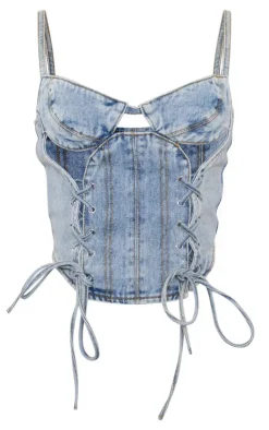 Best PrettyLittleThing Petite Denim Lace Up Corset Light Blue Wash