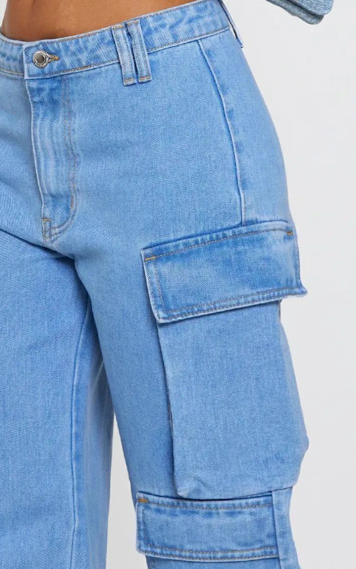 Petite Light Blue Wash Denim Cargo Jeans