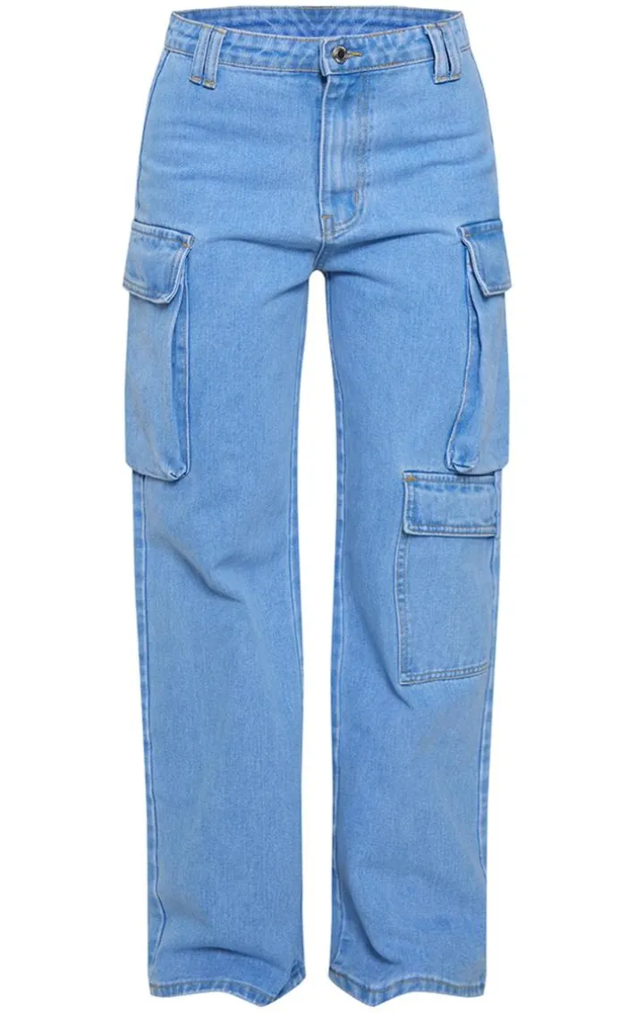 Petite Light Blue Wash Denim Cargo Jeans