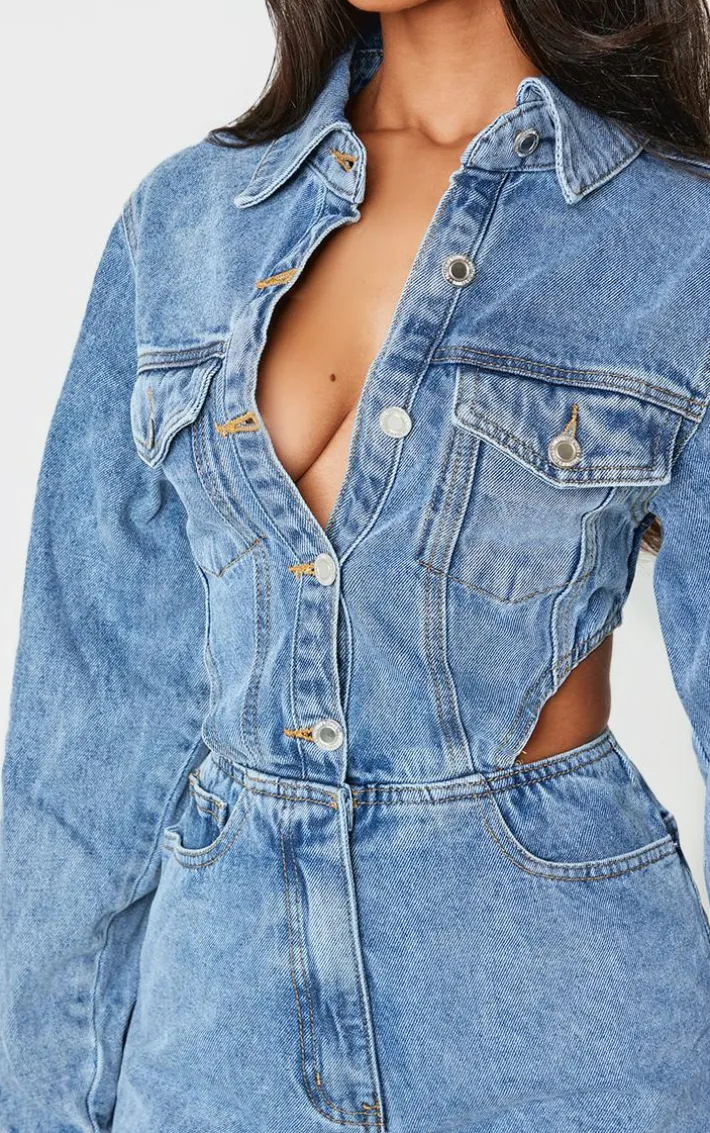 Petite Light Blue Wash Denim Cut Out Romper